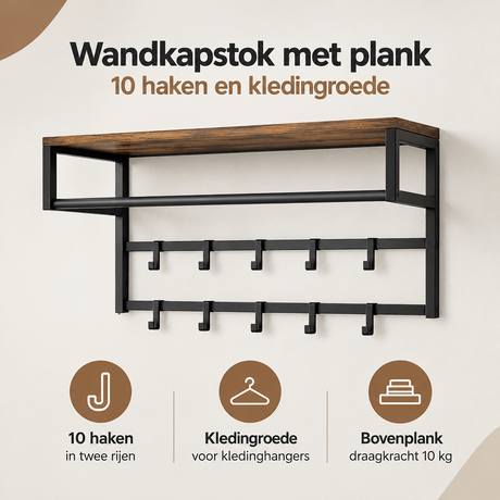 Zwarte en rustieke wandkapstok met plank, 10 haken en kledingroede, 80 cm breed, geschikt voor jassen en accessoires.