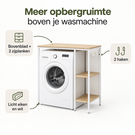 BukkitBow wasmachinerek in licht eiken en wit met 2 zijplanken en 2 haken, afmetingen 90x60x91 cm, praktische opbergoplossing