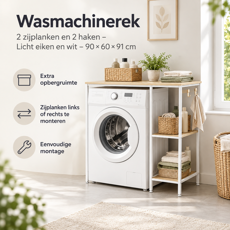 BukkitBow wasmachinerek met 2 zijplanken en 2 haken in licht eiken en wit, afmetingen 90x60x91 cm, praktische opbergoplossing
