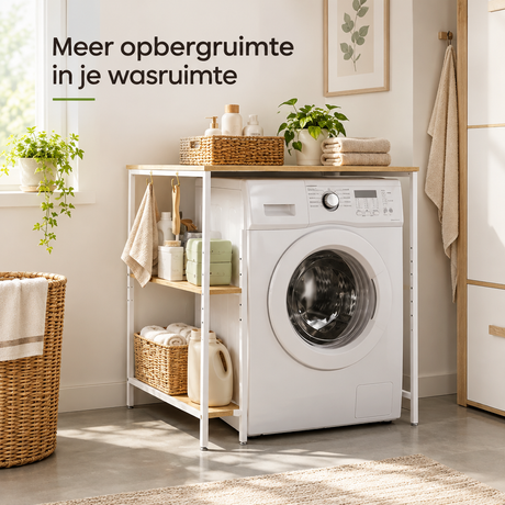 BukkitBow wasmachinerek met 2 zijplanken en 2 haken, licht eiken en wit, geschikt voor wasmachine en droger, 90x60x91 cm