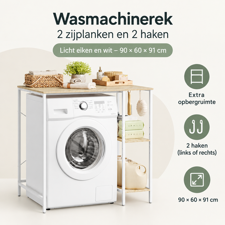 BukkitBow wasmachinerek met 2 zijplanken en 2 haken, licht eiken en wit, afmetingen 90x60x91 cm, overzicht van kernvoordelen.