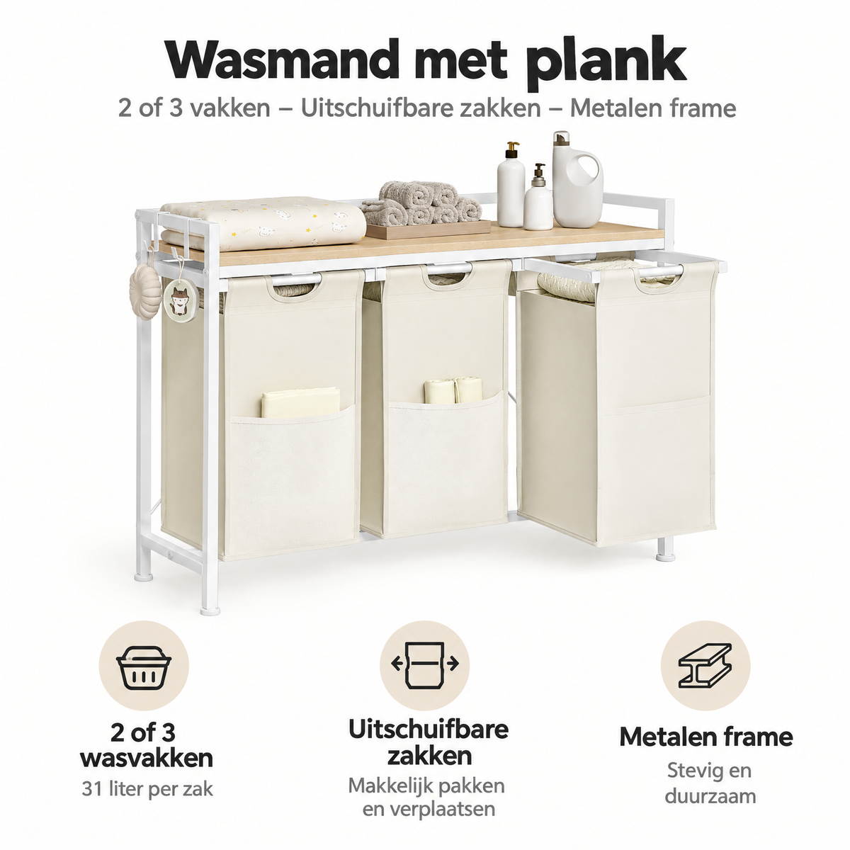 BukkitBow wasmand met plank, 2 of 3 vakken en uitschuifbare zakken, metalen frame voor makkelijk wassen en organiseren