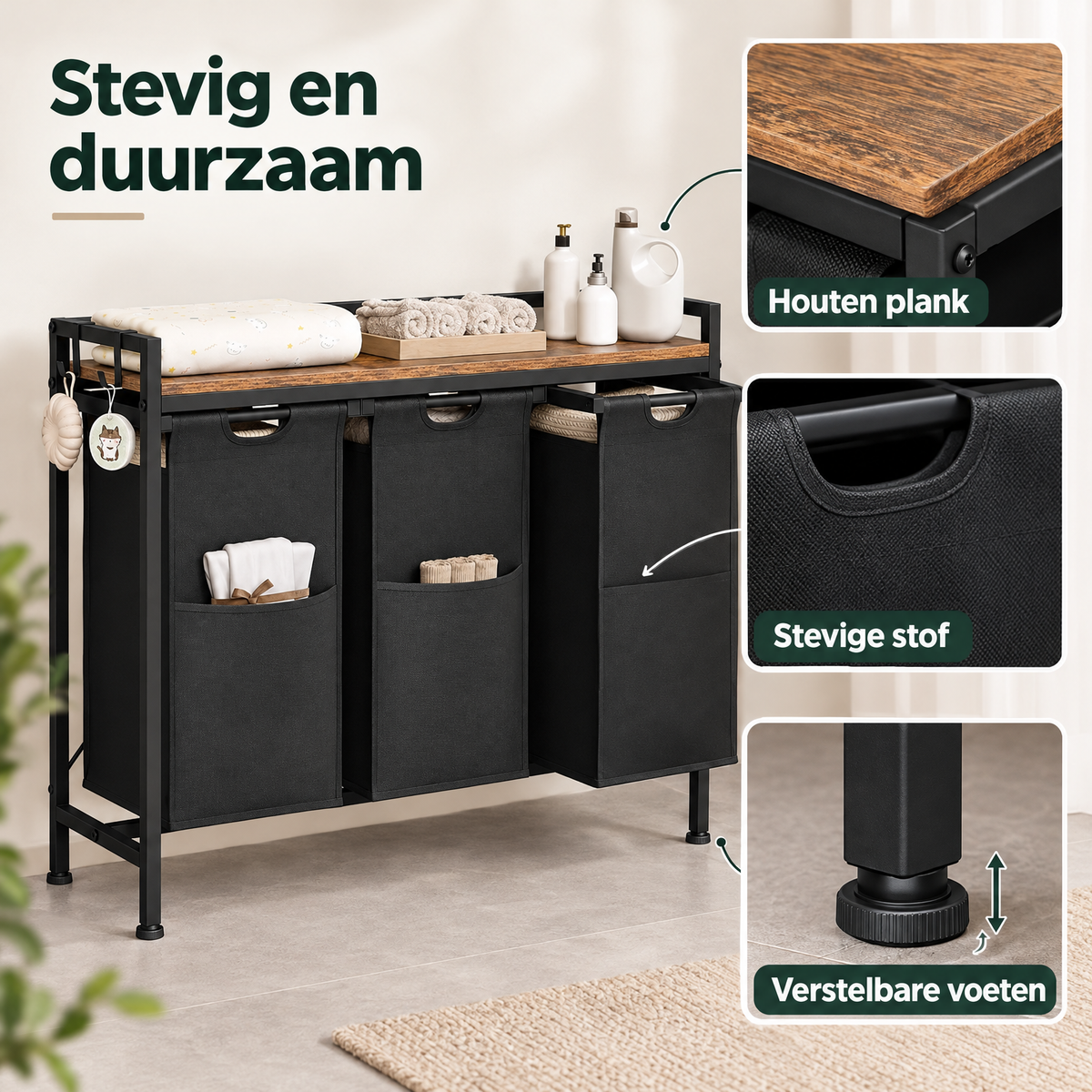 BukkitBow wasmand met plank, 2 of 3 vakken, uitschuifbare zakken en metalen frame voor wasgoedopslag.