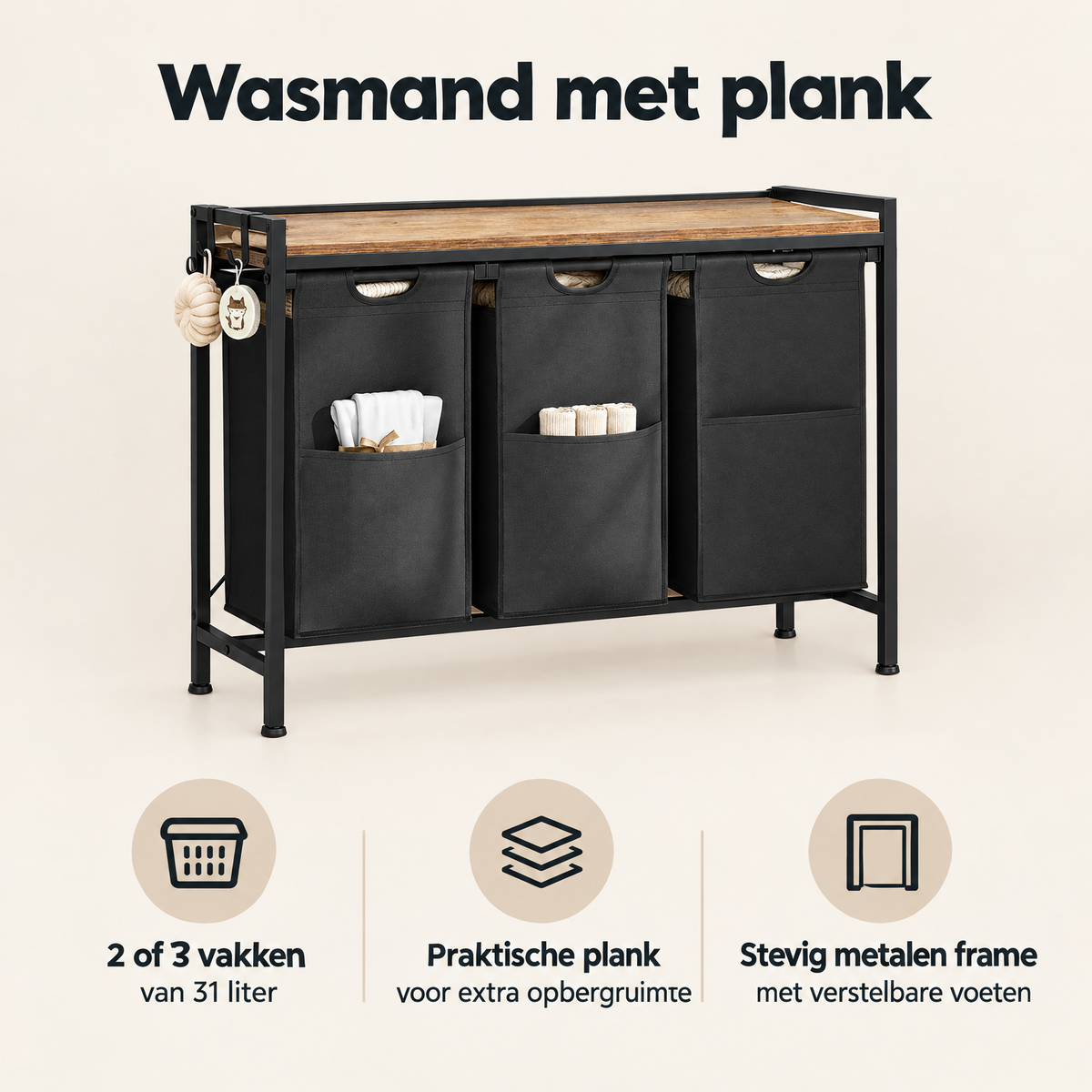 BukkitBow wasmand met plank, 2 van 3 vakken, uitschuifbare zakken en metalen frame voor eenvoudige wasorganisatie