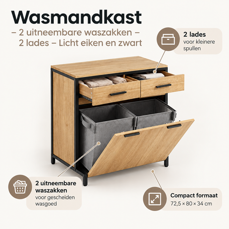 Lichte eiken en zwarte wasmandkast van BukkitBow met 2 uitneembare waszakken en 2 lades voor opbergruimte.