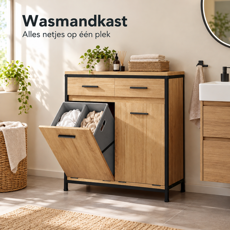 Licht eiken en zwart wasmandkast van BukkitBow met 2 uitneembare waszakken en 2 lades, geschikt voor badkamer of wasruimte