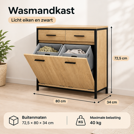 Licht eiken en zwart wasmandkast van BukkitBow met twee uitneembare waszakken en twee lades, geschikt voor wasruimte.