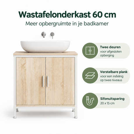 Wastafelonderkast 60 cm van BukkitBow met 2 deuren in wit en licht eiken, inclusief sifonuitsparing voor badkamergebruik.