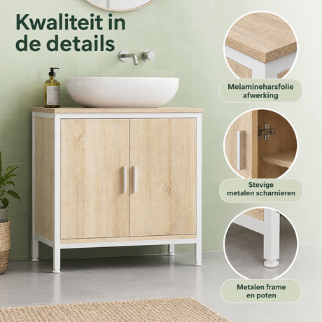 Wastafelonderkast van 60 cm met 2 deuren in wit en licht eiken, met sifonuitsparing, van BukkitBow.
