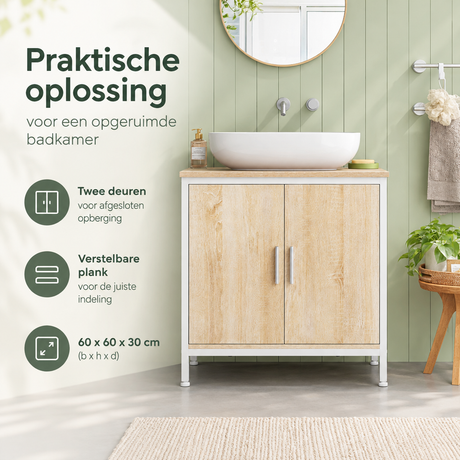 Wastafelonderkast 60 cm van BukkitBow met 2 deuren in wit en licht eiken, met sifonuitsparing voor praktische badkameropslag