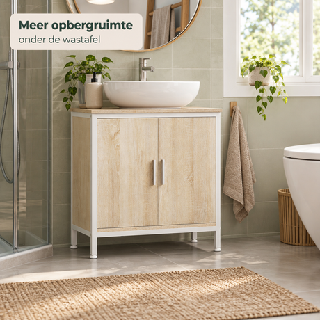 Wastafelonderkast 60 cm van BukkitBow met 2 deuren in wit en licht eiken, inclusief sifonuitsparing voor badkamergebruik.