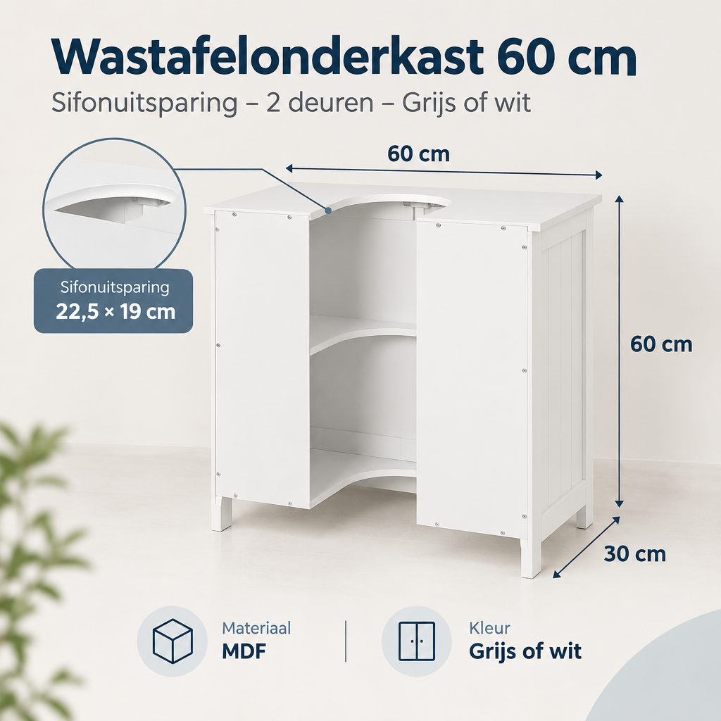 Afmetingen en productspecificaties van wastafelonderkast 60 cm