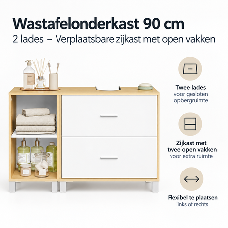 BukkitBow wastafelonderkast 90 cm met 2 lades, verplaatsbare zijkast en open vakken voor badkamer opbergoplossing