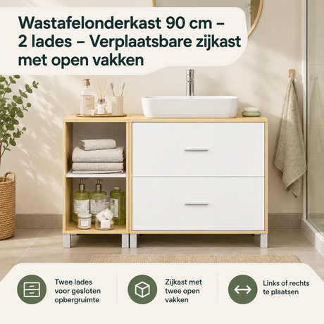 BukkitBow wastafelonderkast van 90 cm met 2 lades en verplaatsbare zijkast met open vakken voor badkameropslag