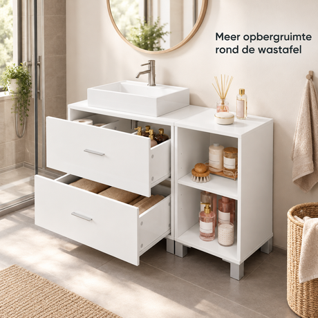 BukkitBow wastafelonderkast van 90 cm met 2 lades en open vakken, inclusief verplaatsbare zijkast, geschikt voor badkamergebruik.