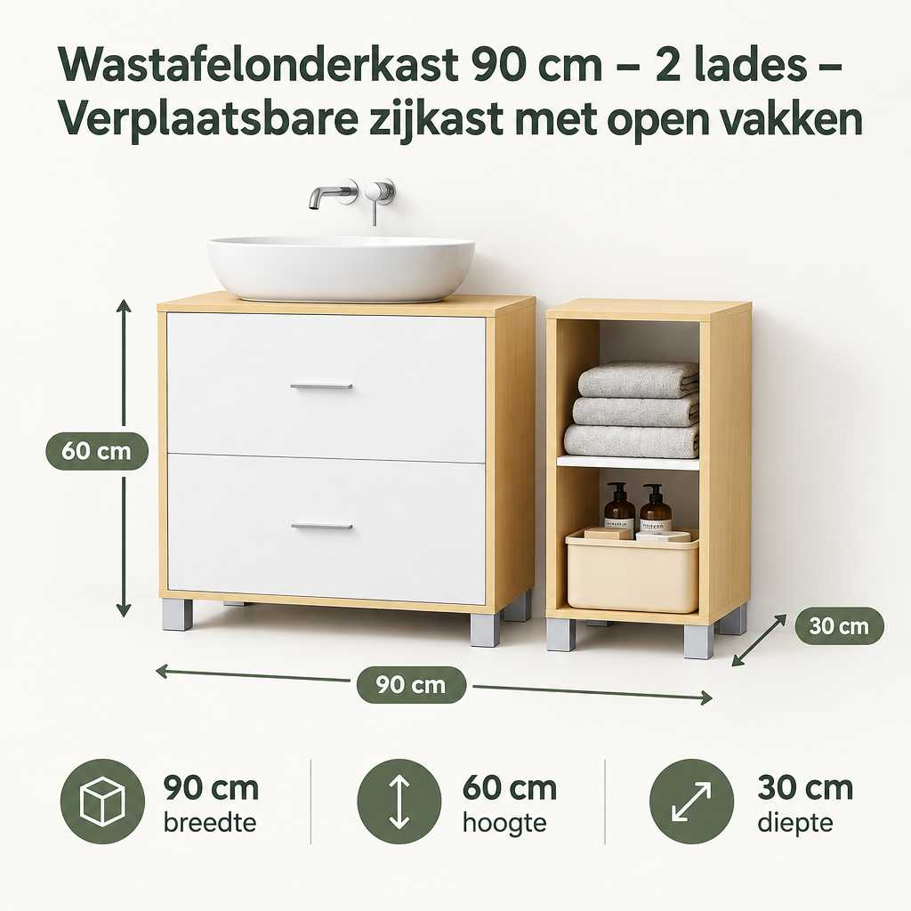 Afmetingen en productspecificaties van wastafelonderkast 90 cm