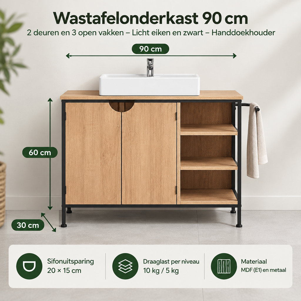Afmetingen en productspecificaties van wastafelonderkast 90 cm