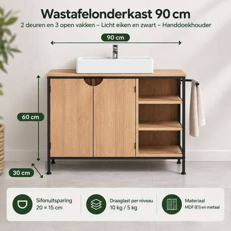 Wastafelonderkast 90 cm van BukkitBow met 2 deuren, 3 open vakken, licht eiken en zwart, inclusief handdoekhouder.