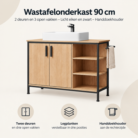 Wastafelonderkast 90 cm van BukkitBow met 2 deuren, 3 open vakken, licht eiken en zwart, met handdoekhouder, overzicht.