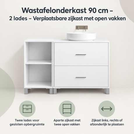 BukkitBow wastafelonderkast 90 cm met 2 lades en open vakken, inclusief verplaatsbare zijkast voor badkameropslag.