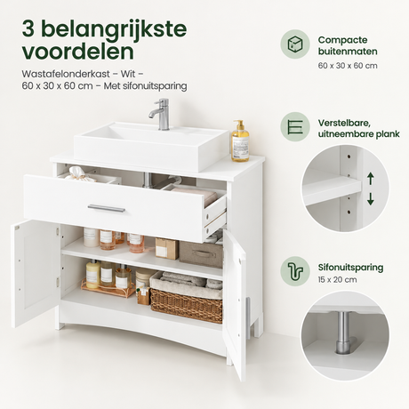 Wastafelonderkast van BukkitBow in wit, 60x30x60 cm met sifonuitsparing, ideaal voor badkameropslag.