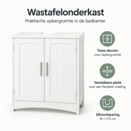 Wit BukkitBow wastafelonderkast met 2 deuren en verstelbare plank, afmetingen 50x30x60 cm, geschikt voor badkamers.