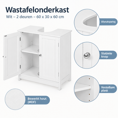 Wit BukkitBow wastafelonderkast met 2 deuren, afmetingen 60x30x60 cm, close-up van het materiaal en de afwerking