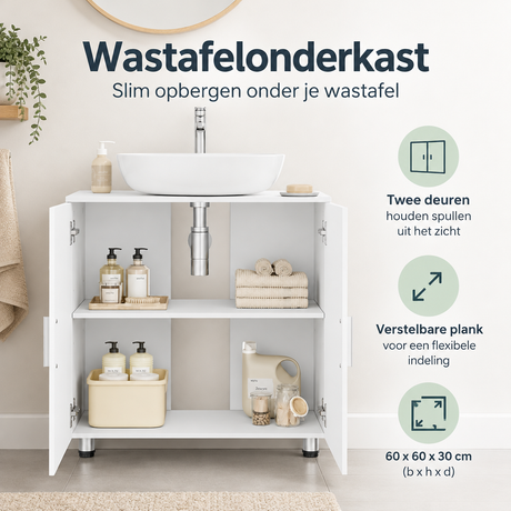 Wastafelonderkast van BukkitBow in wit, 60x60x30 cm met twee deuren, geschikt voor praktische badkameropslag.
