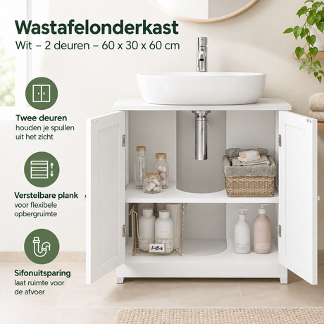 Wit wastafelonderkast van BukkitBow met 2 deuren, afmetingen 60x30x60 cm, praktische opbergruimte onder de wastafel.