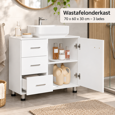 Wit vrijstaand wastafelonderkast van BukkitBow met 3 lades, 70x60x30 cm, geschikt voor badkamergebruik.