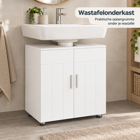Wit BukkitBow wastafelonderkast van 60x60x30 cm met 2 deuren, geschikt voor badkameropslag.