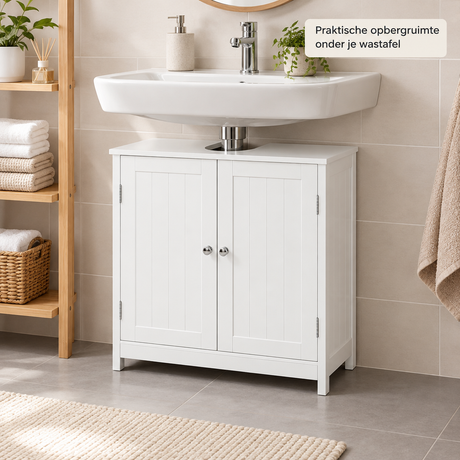 Wit BukkitBow wastafelonderkast met 2 deuren, 60x30x60 cm, opgesteld in een moderne badkameromgeving