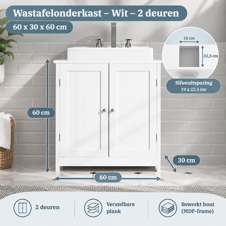 Wit BukkitBow wastafelonderkast met twee deuren, afmetingen 60x30x60 cm, geschikt voor badkameropslag.