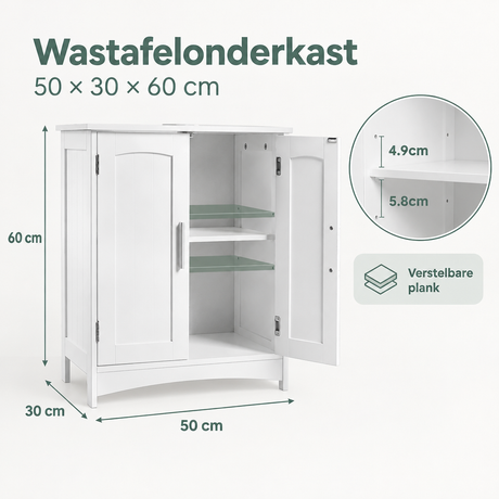 Wastafelonderkast in wit van BukkitBow met 2 deuren en verstelbare plank, afmetingen 50x30x60 cm, geschikt voor badkamer.