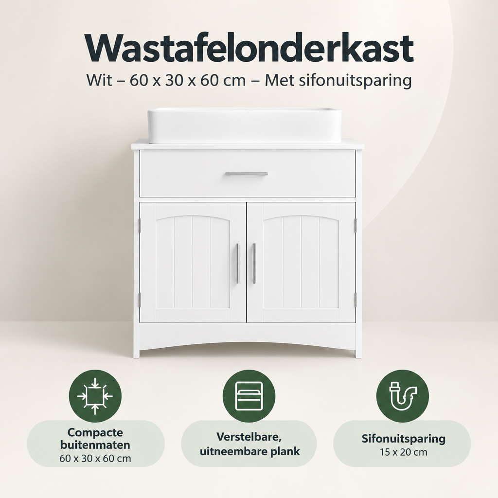 Overzicht van wastafelonderkast met de belangrijkste productvoordelen