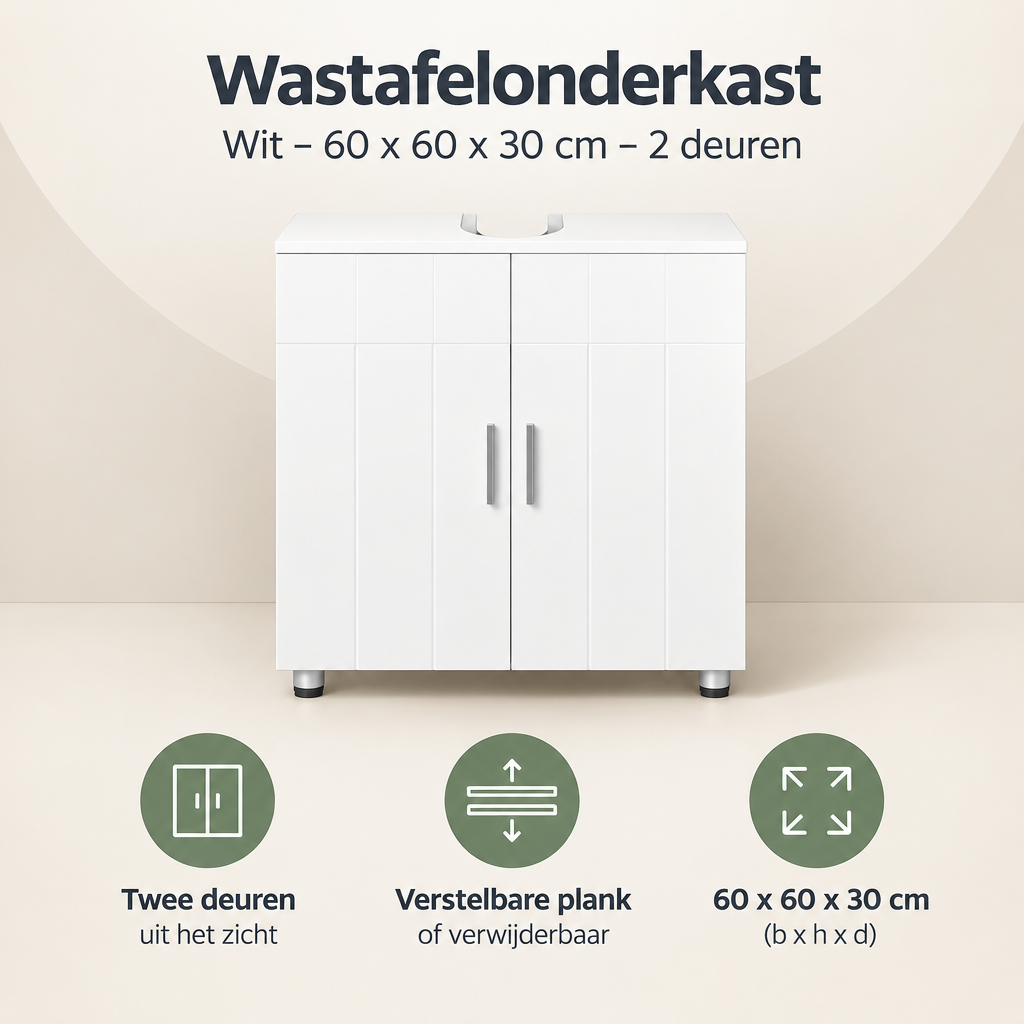 Overzicht van wastafelonderkast met de belangrijkste productvoordelen