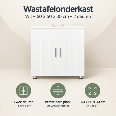 Wastafelonderkast van BukkitBow in wit, 60x60x30 cm met twee deuren, geschikt voor badkameropbergruimte.