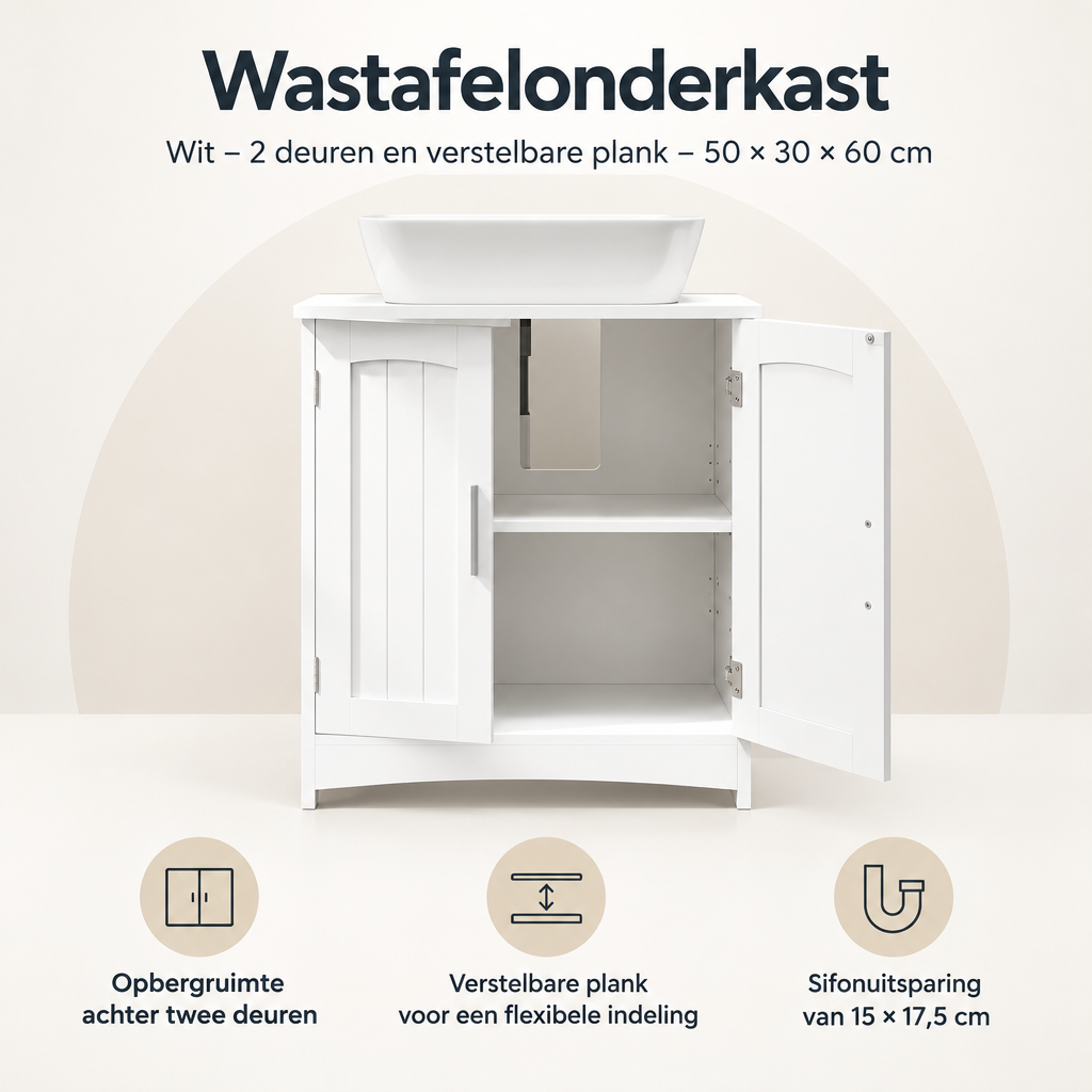Overzicht van wastafelonderkast met de belangrijkste productvoordelen