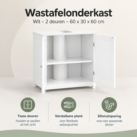Wit wastafelonderkast van BukkitBow met twee deuren, 60x30x60 cm, geschikt voor badkameropslag.