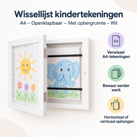 Openklapbare witte wissellijst voor kindertekeningen A4 met opbergruimte, geschikt voor kinderen en creatieve displays.