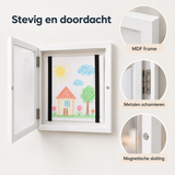 Detail van materiaal en afwerking van wissellijst kindertekeningen A4