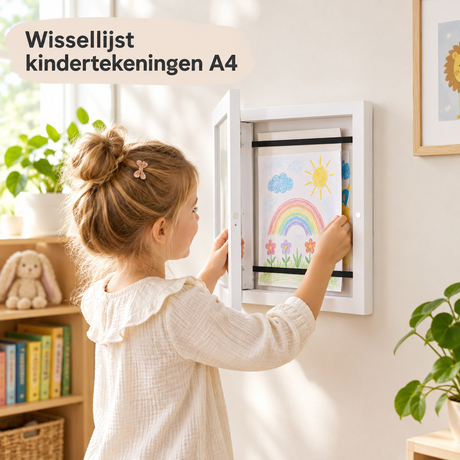 Witte wissellijst voor kindertekeningen A4, openklapbaar met opbergruimte, ideaal voor het display van kinderkunst van BukkitBow.