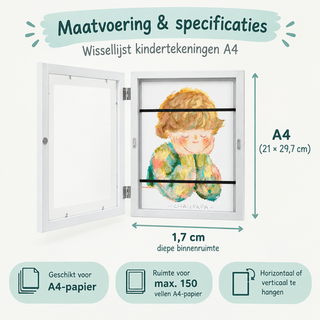 Wissellijst voor kindertekeningen van BukkitBow, A4 formaat, openklapbaar met opbergruimte, witte rand en eenvoudige montage.
