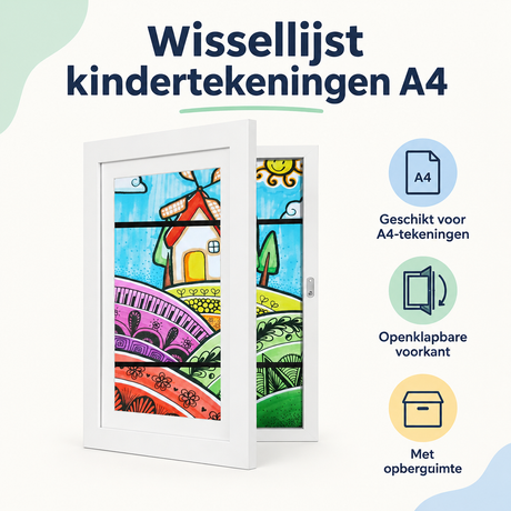 Openklapbare witte wissellijst voor kindertekeningen in A4-formaat met opbergruimte van BukkitBow, eenvoudig wisselen en opbergen.