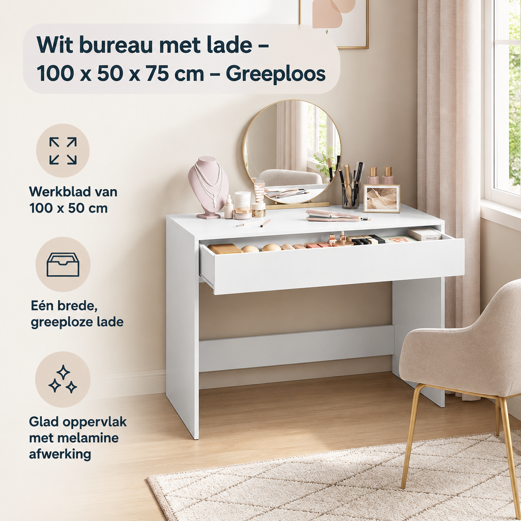 Praktische toepassing en keuzehulp voor wit bureau met lade