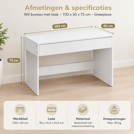 Afmetingen en productspecificaties van wit bureau met lade