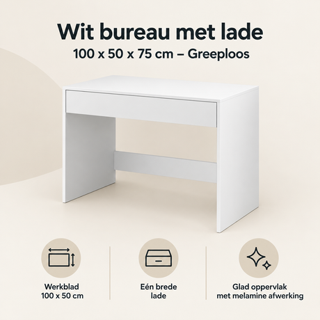 Overzicht van wit bureau met lade met de belangrijkste productvoordelen