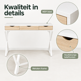 Detail van materiaal en afwerking van wit bureau met lades