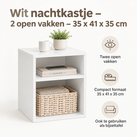 Wit BukkitBow nachtkastje met 2 open vakken, afmetingen 35x41x35 cm, geschikt voor slaapkameropslag en decoratie