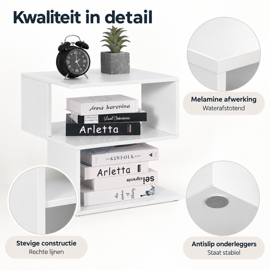 Detail van materiaal en afwerking van wit nachtkastje